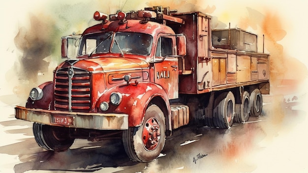 Une aquarelle d'un camion mack rouge.