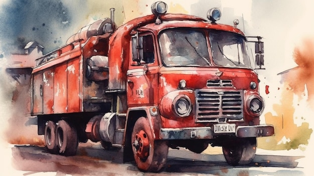 Une aquarelle d'un camion rouge de l'an 2000.