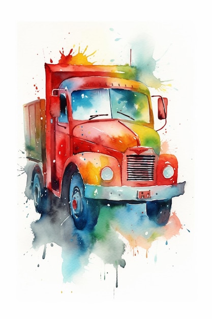 Une aquarelle d'un camion rouge