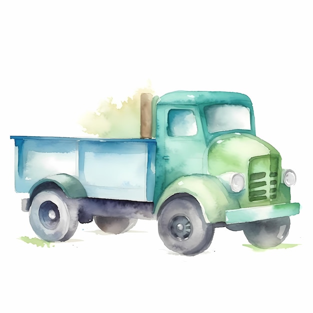 Une aquarelle d'un camion vert