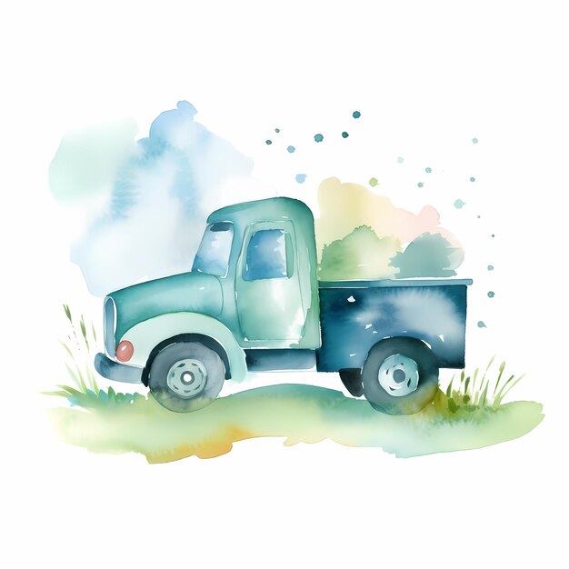 Une aquarelle d'un camion vert