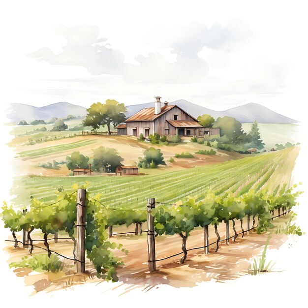 Aquarelle de campagne vignoble échapper à une pièce avec un comte sur fond blanc avec un endroit confortable