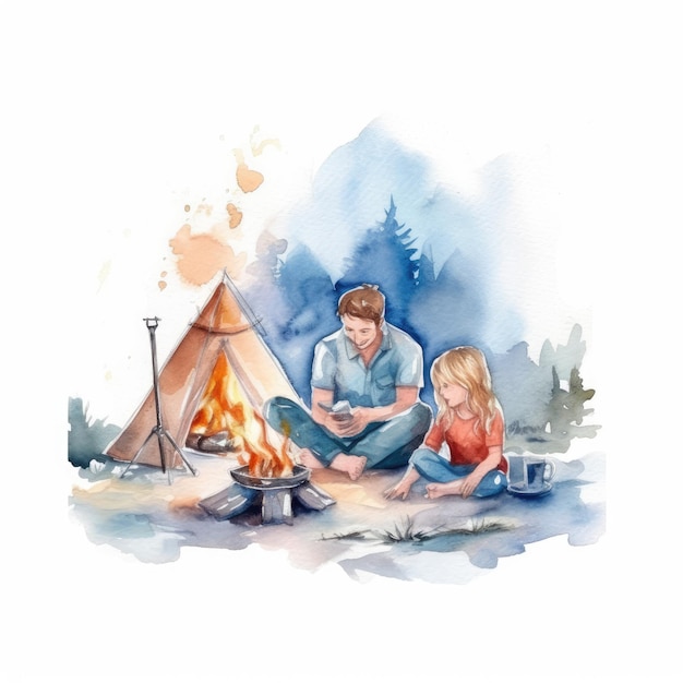 Aquarelle d'un camping familial avec un feu de joie