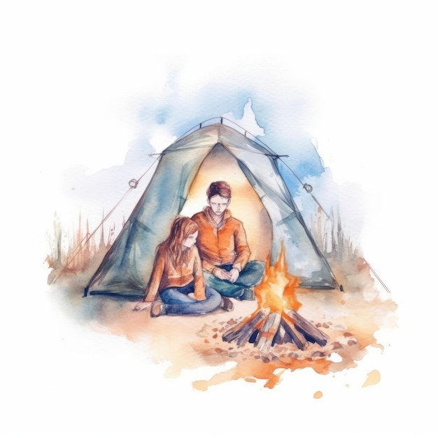 Aquarelle d'un camping familial avec un feu de joie