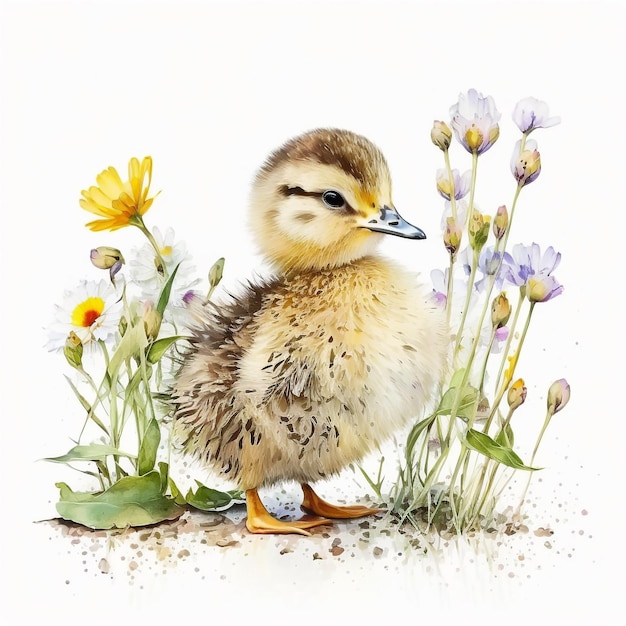 Une aquarelle d'un canard avec des fleurs dessus