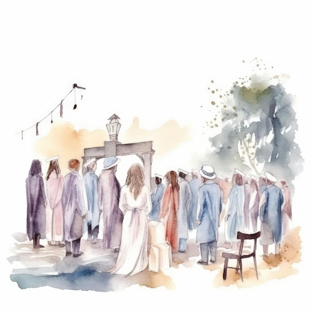 Aquarelle d'une cérémonie de remise des diplômes en plein air