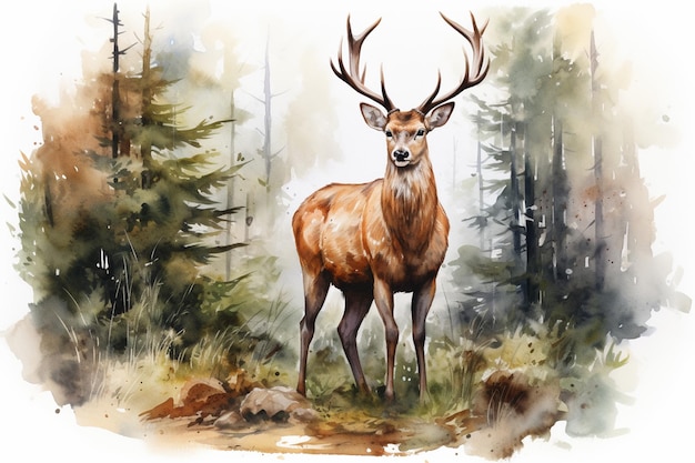 Aquarelle d'un cerf dans la forêt