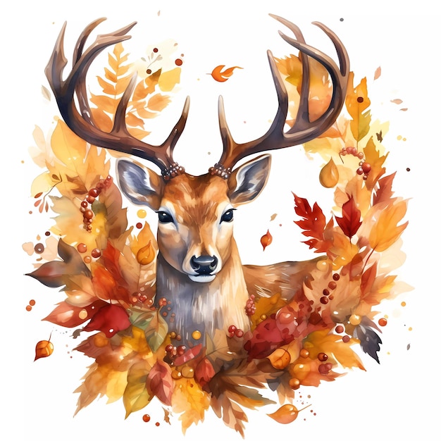 Une aquarelle d'un cerf entouré de feuilles