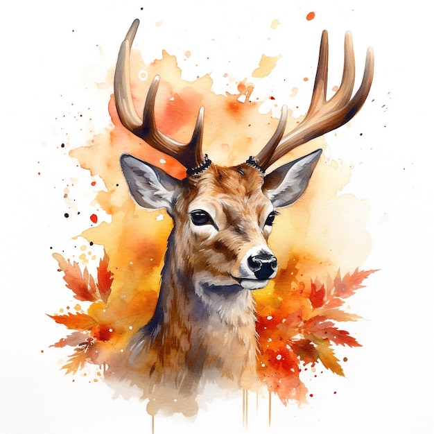 Une aquarelle d'un cerf entouré de feuilles