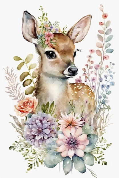 Une aquarelle d'un cerf avec des fleurs et des feuilles