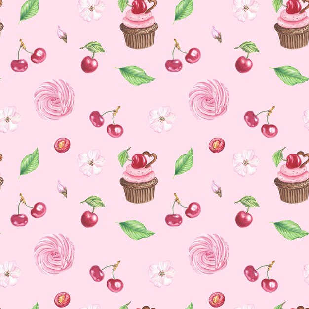 Aquarelle cerise cupcake guimauve fleurs et feuilles modèle sans couture Illustrations botaniques