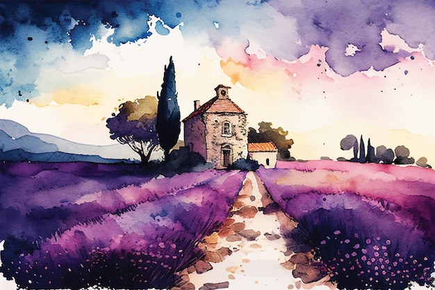 Une aquarelle d'un champ de lavande avec une maison en pierre en arrière-plan et un ciel dramatique