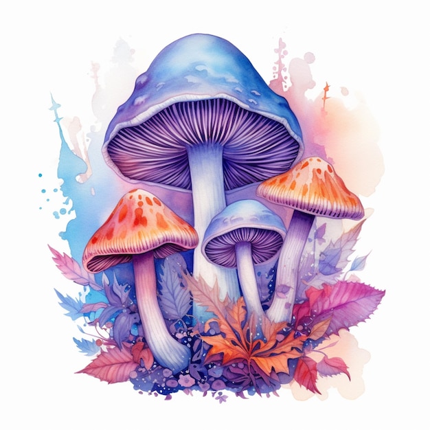 Une aquarelle de champignons avec un bonnet bleu et un bonnet rouge.