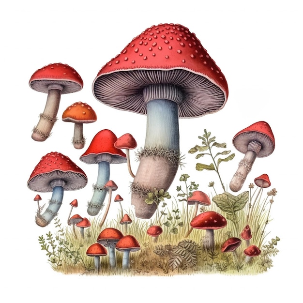 aquarelle champignons feuilles herbe sur fond blanc génératif ai