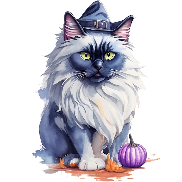 aquarelle chat birman halloween au chapeau de sorcière