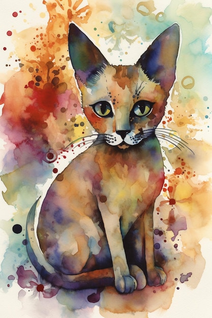 Une aquarelle d'un chat avec un fond coloré.