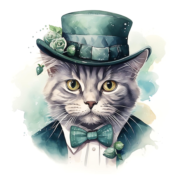 Aquarelle d'un chat à poil court britannique portant un chapeau Trilby Seersucker Suit M Patrick Day Clipart