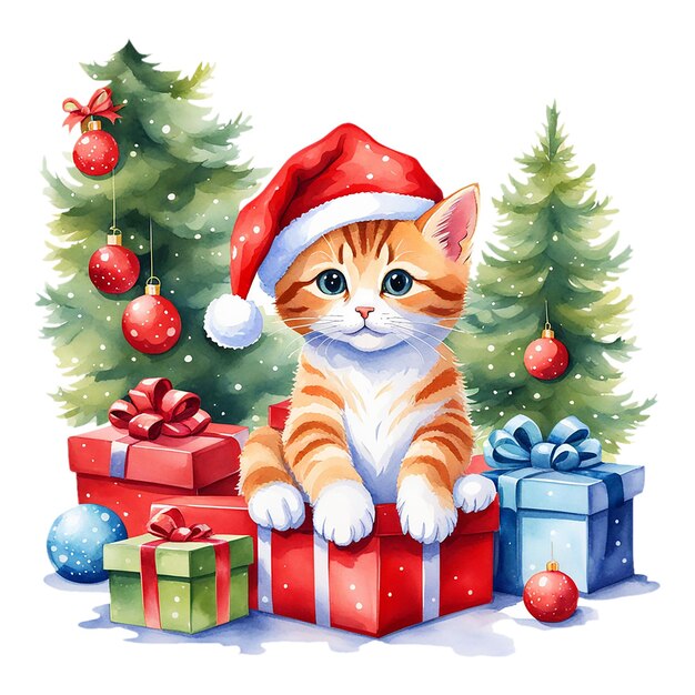 Photo aquarelle chat rouge de noël chat dans des chapeaux rouges avec des jouets et des cadeaux de noël autocollant