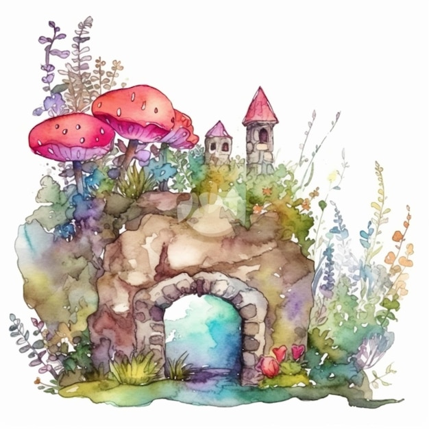 Une aquarelle d'un château de conte de fées.