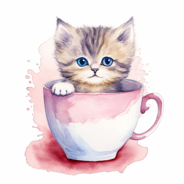 Une aquarelle d'un chaton dans une tasse