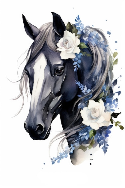 Une aquarelle d'un cheval avec des fleurs sur son visage