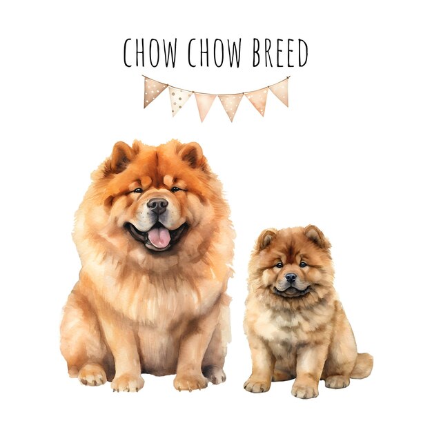 Aquarelle de chien adulte et de chiot de race chow chow Collection d'aquarelle de chiens
