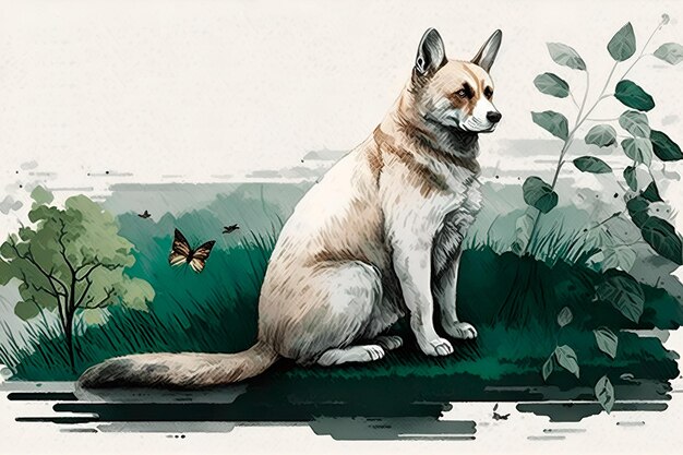 aquarelle de chien sur fond naturel IA générative