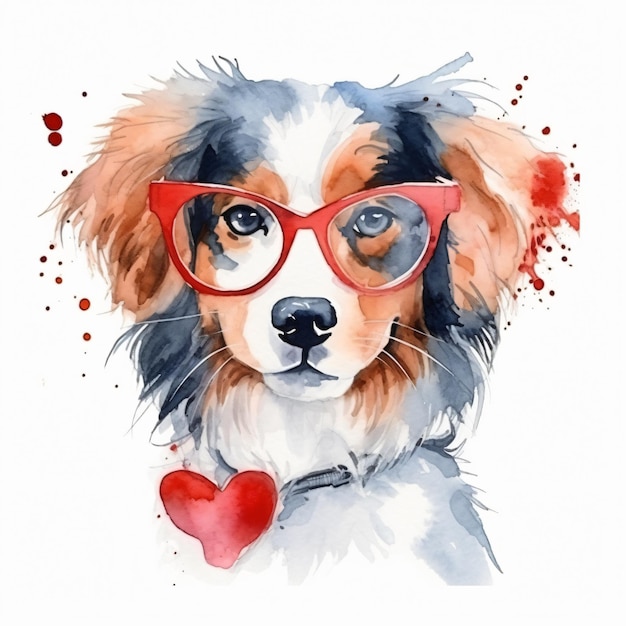 Une aquarelle d'un chien avec des lunettes en forme de coeur.