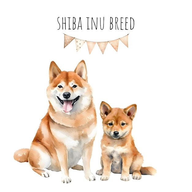 Aquarelle chiens adultes et chiots de race shiba Inu collection d'aquarelle de chiens