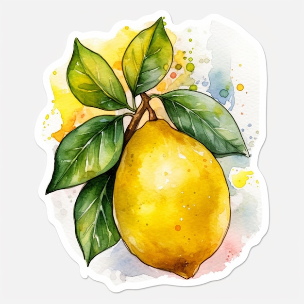 Photo une aquarelle d'un citron avec des feuilles vertes dessus