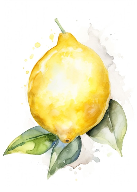 Une aquarelle d'un citron avec des feuilles vertes