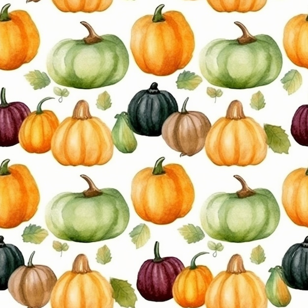 Une aquarelle de citrouilles et de feuilles sur fond blanc ai générative