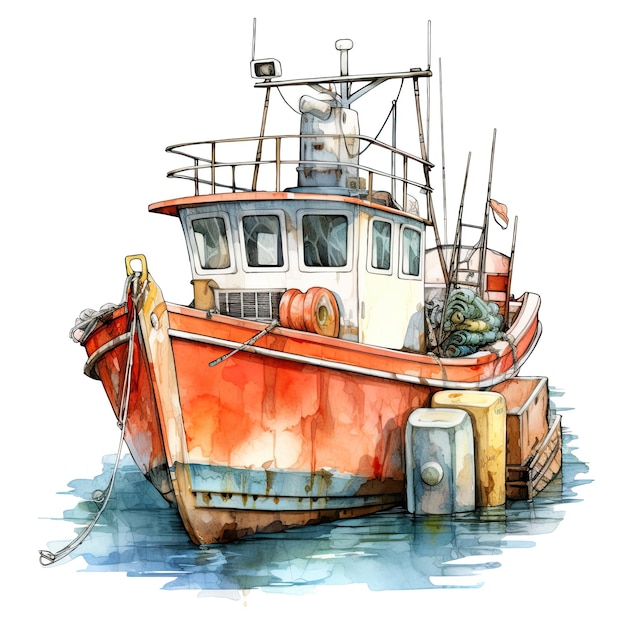 Aquarelle clipart de bateau de pêche à fond blanc