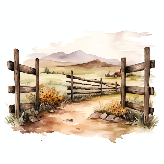 aquarelle clôture en bois ouest sauvage ouest cow-boy désert illustration clipart