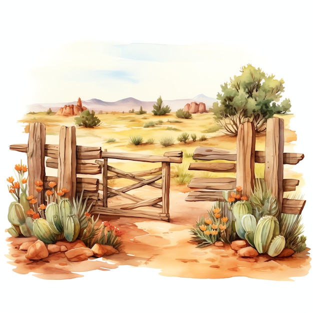 aquarelle clôture en bois western sauvage ouest cowboy désert illustration clipart