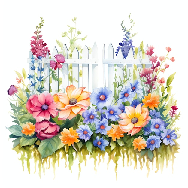 aquarelle clôture de jardin d'été avec des fleurs illustration clipart floral de printemps