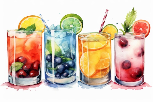 Une aquarelle de cocktails colorés d'affilée.