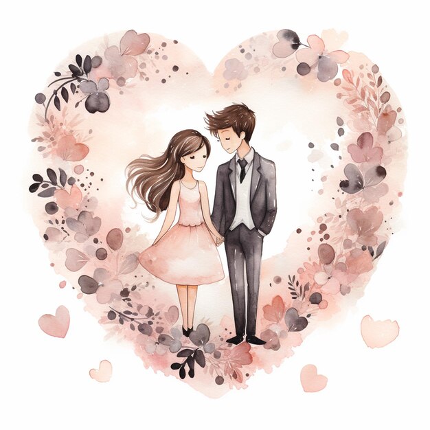 aquarelle coeur mignon avec couple heureux porter mariage dans l'amour à l'intérieur