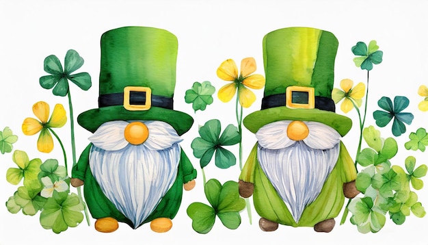 Aquarelle Concept de la fête de Saint-Patrick avec des gnomes feuilles de trèfle trèfle fête traditionnelle irlandaise