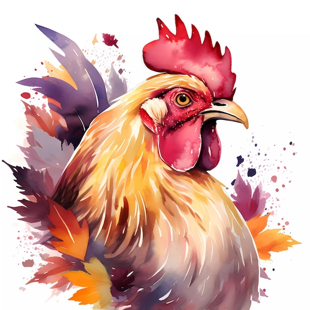 Une aquarelle d'un coq avec des feuilles