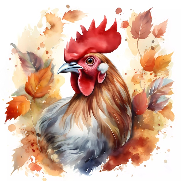 Une aquarelle d'un coq avec des feuilles