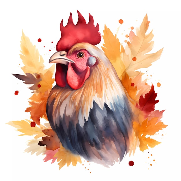 Une aquarelle d'un coq avec des feuilles