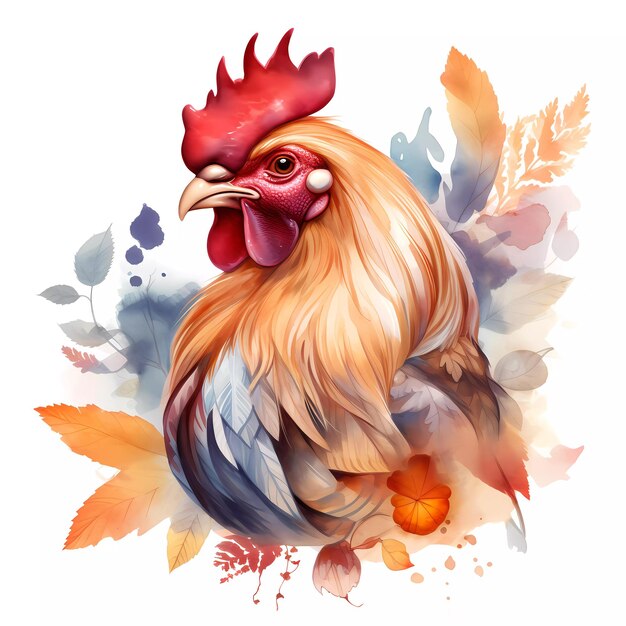 Une aquarelle d'un coq avec des feuilles