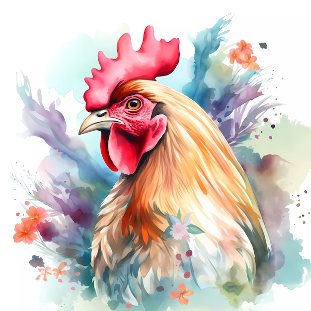 Une aquarelle d'un coq avec des feuilles