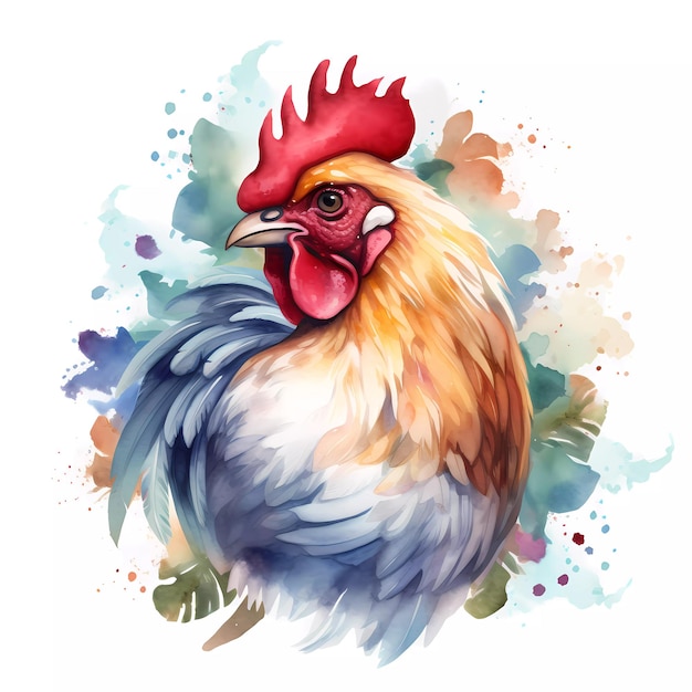 Une aquarelle d'un coq avec des feuilles