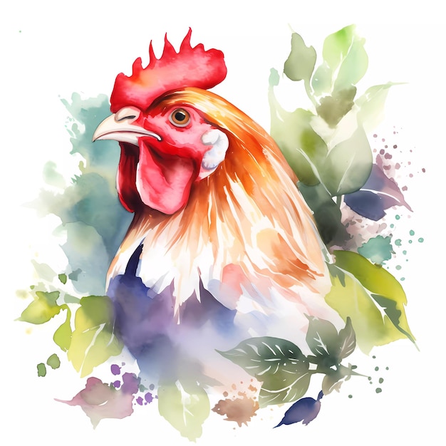 Une aquarelle d'un coq avec des feuilles