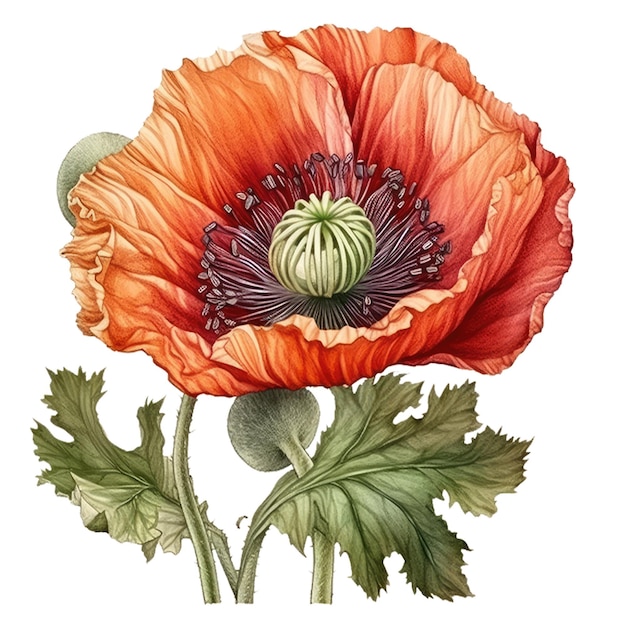 Une aquarelle d'un coquelicot avec une tige verte.