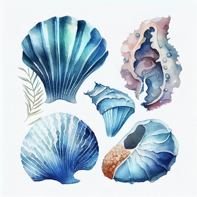 Une aquarelle de coquillages et une feuille.