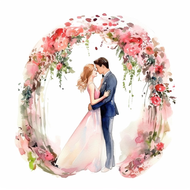 Une aquarelle d'un couple amoureux dans un cercle de fleurs