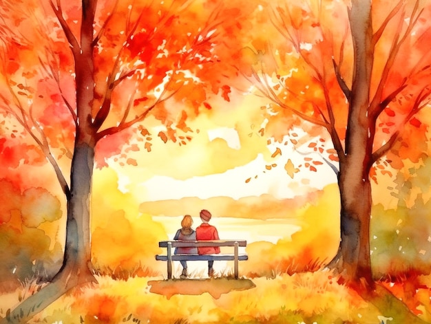 Une aquarelle d'un couple assis sur un banc dans un parc